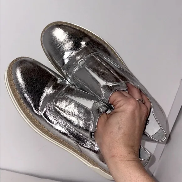 Tod's‎ Francesina Espadrille Slip-on Shoes Raffia Metallic Silver Leather 7.5