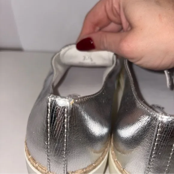 Tod's‎ Francesina Espadrille Slip-on Shoes Raffia Metallic Silver Leather 7.5