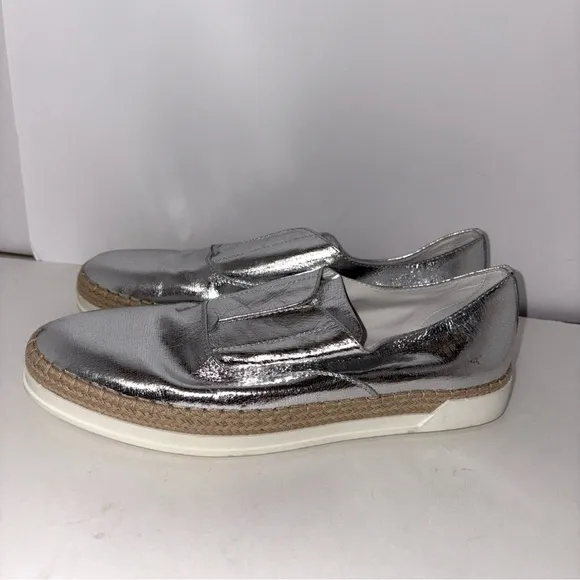 Tod's‎ Francesina Espadrille Slip-on Shoes Raffia Metallic Silver Leather 7.5