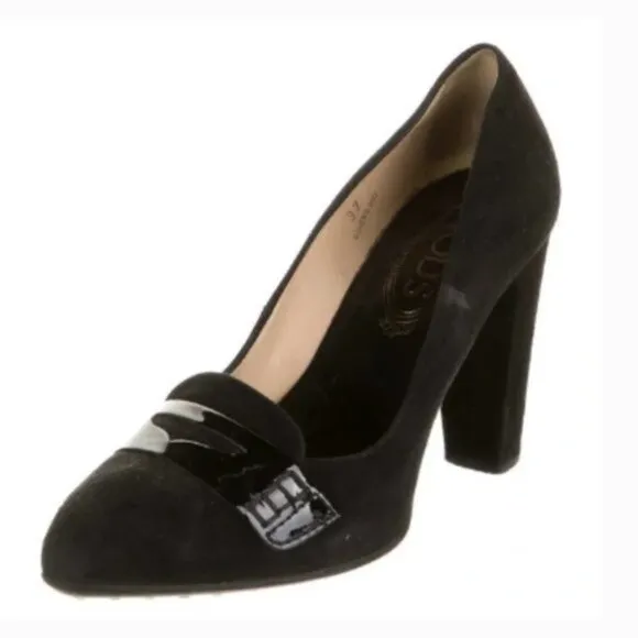 Tod's 'Lulu' Suede Driver Style Penny Heel Pumps in Black Size 37.5