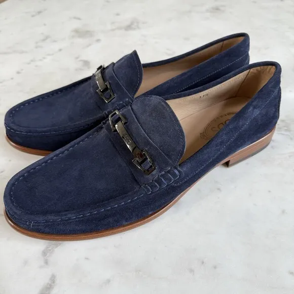 TODS Navy Blue Suede Leather Horse Bit Loafers Mens 11.5 Excellent!