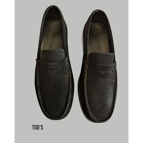 Tod's Penny Loafers Casual Slip On Italy Black Suede Mens Shoes  Sz 9.5