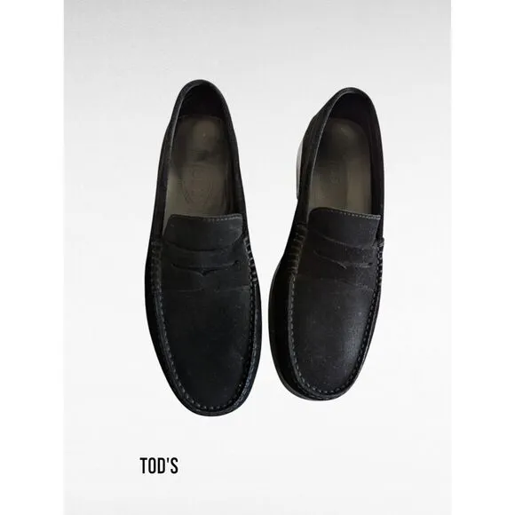 Tod's Penny Loafers Casual Slip On Italy Black Suede Mens Shoes  Sz 9.5
