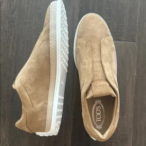 Tod's Tan and White Suede Loafers