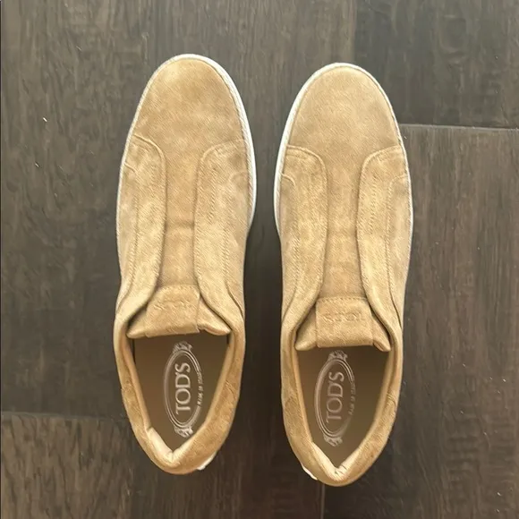 Tod's Tan and White Suede Loafers