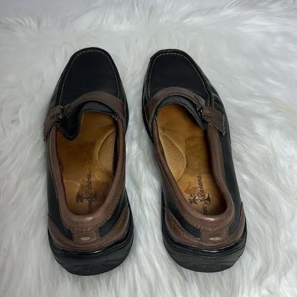 Tommy Bahama Black/Tan Leather Loafers Sz 8