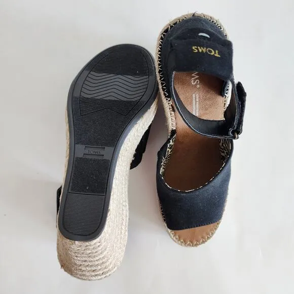 TOMS Black Jute Heel Wedge Espadrille Sandals Open Toe Ankle Strap Size 9