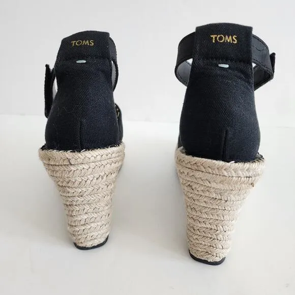 TOMS Black Jute Heel Wedge Espadrille Sandals Open Toe Ankle Strap Size 9