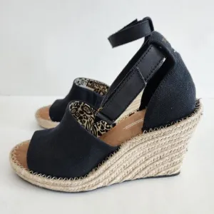 TOMS Black Jute Heel Wedge Espadrille Sandals Open Toe Ankle Strap Size 9