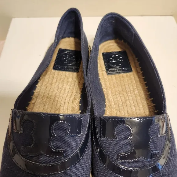 Tory Burch &quot;Poppy&quot; Navy Canvas/Leather Logo Slip-On Espadrilles Sz.9 Ret $275