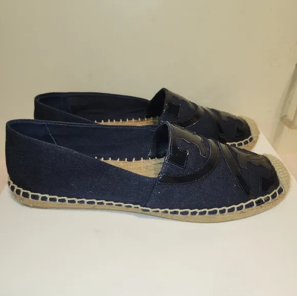 Tory Burch &quot;Poppy&quot; Navy Canvas/Leather Logo Slip-On Espadrilles Sz.9 Ret $275