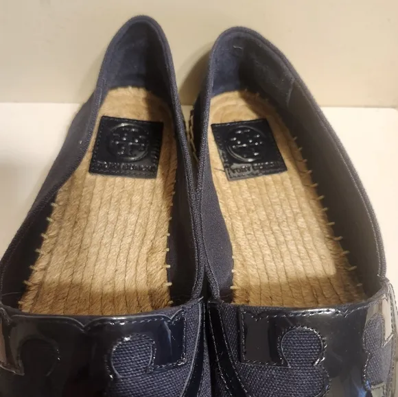 Tory Burch &quot;Poppy&quot; Navy Canvas/Leather Logo Slip-On Espadrilles Sz.9 Ret $275