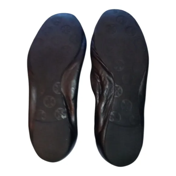 Tory Burch Black and Silver Leather Flats with Metallic Emblem Size 9