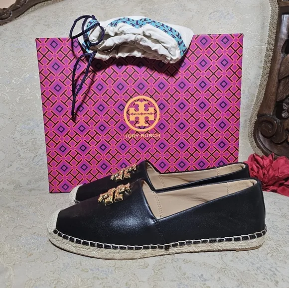 Tory Burch Black Canvas Espadrilles with Gold Logo