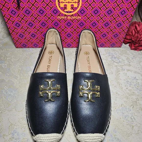 Tory Burch Black Canvas Espadrilles with Gold Logo