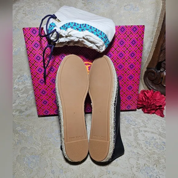 Tory Burch Black Canvas Espadrilles with Gold Logo