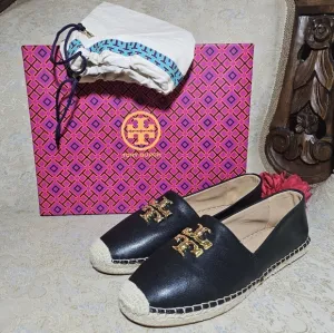 Tory Burch Black Canvas Espadrilles with Gold Logo