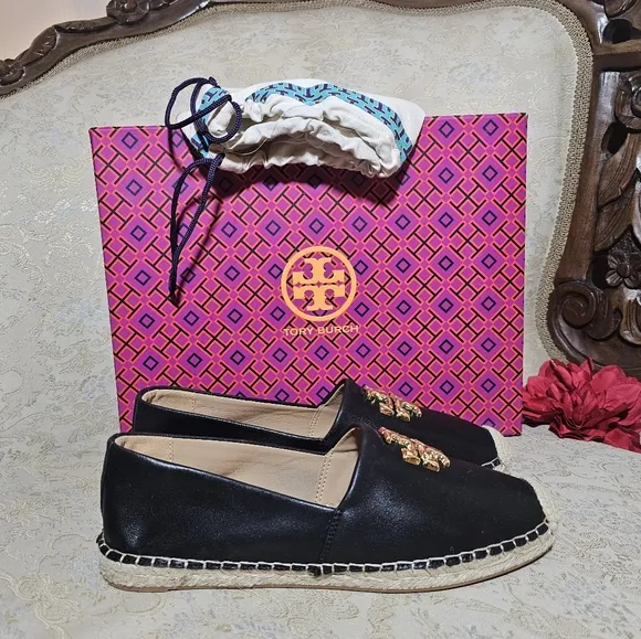 Tory Burch Black Canvas Espadrilles with Gold Logo