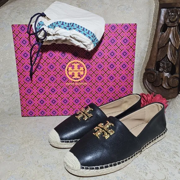 Tory Burch Black Canvas Espadrilles with Gold Logo