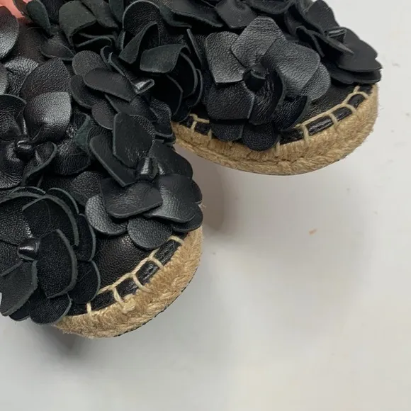 Tory Burch Black Leather Blossom Floral Applique Espadrilles Slip-on S-144 Sz 7