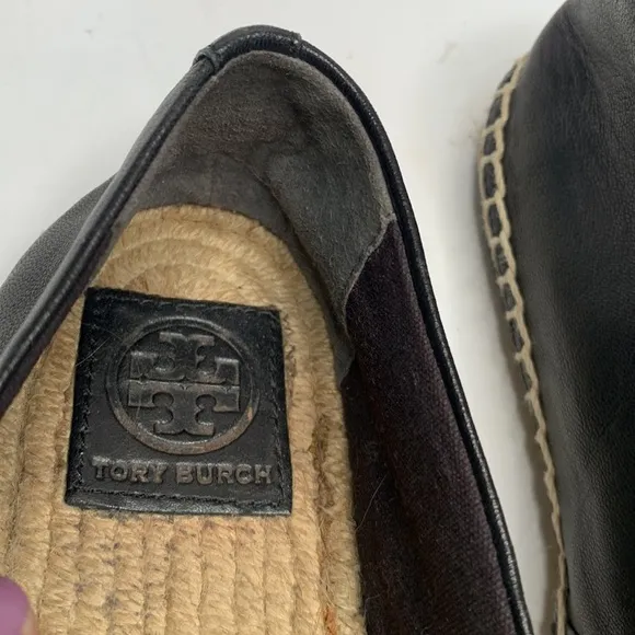Tory Burch Black Leather Blossom Floral Applique Espadrilles Slip-on S-144 Sz 7