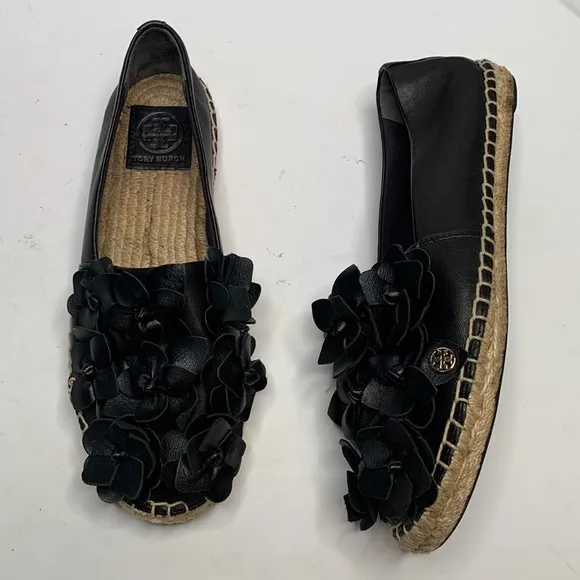 Tory Burch Black Leather Blossom Floral Applique Espadrilles Slip-on S-144 Sz 7