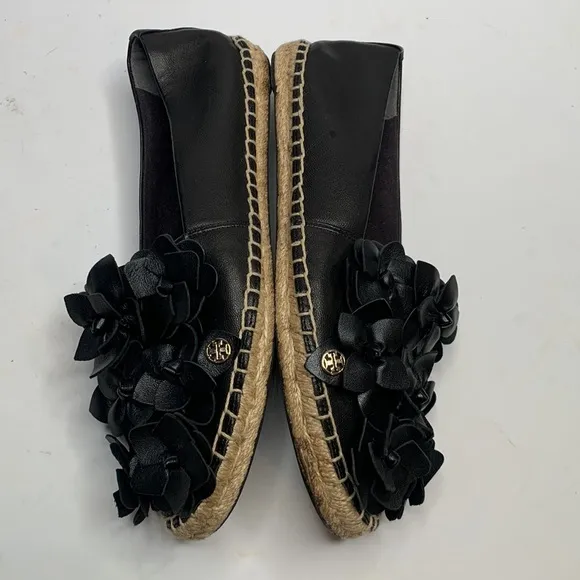 Tory Burch Black Leather Blossom Floral Applique Espadrilles Slip-on S-144 Sz 7