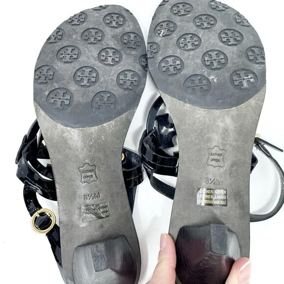 TORY BURCH Black Patent Leather Miller Heels Sandals Logo Classic Size 8.5
