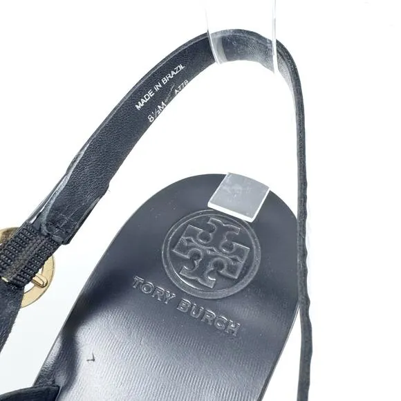 TORY BURCH Black Patent Leather Miller Heels Sandals Logo Classic Size 8.5