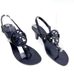 TORY BURCH Black Patent Leather Miller Heels Sandals Logo Classic Size 8.5