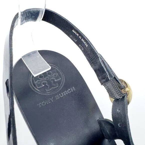 TORY BURCH Black Patent Leather Miller Heels Sandals Logo Classic Size 8.5