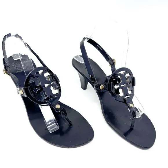 TORY BURCH Black Patent Leather Miller Heels Sandals Logo Classic Size 8.5