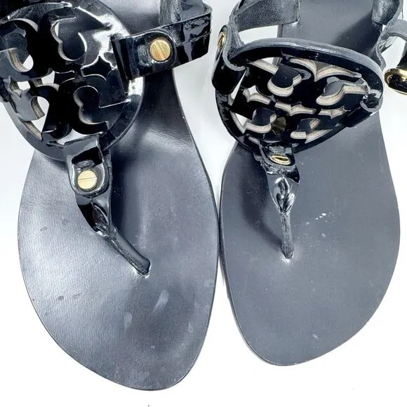 TORY BURCH Black Patent Leather Miller Heels Sandals Logo Classic Size 8.5