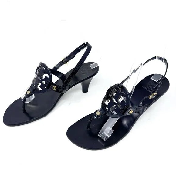 TORY BURCH Black Patent Leather Miller Heels Sandals Logo Classic Size 8.5