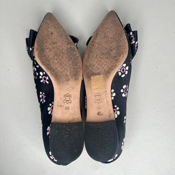 Tory Burch Black Rosalind Bow Floral Pointed Ballet Flats Size 5