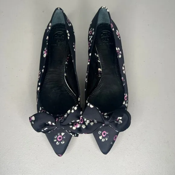 Tory Burch Black Rosalind Bow Floral Pointed Ballet Flats Size 5