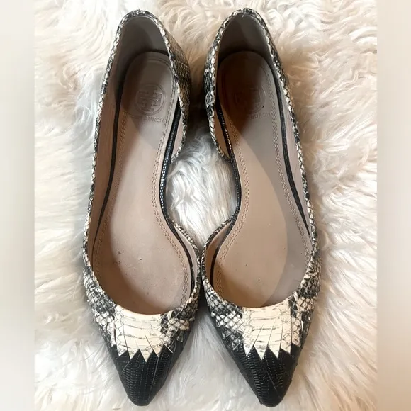 Tory Burch Black Snakeskin Leather Loafers Flats Point Toe Shoes snake rare
