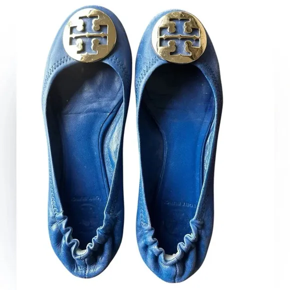 Tory Burch Blue Leather Twiggie Scrunch Ballet Flats