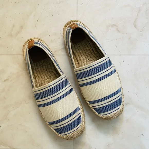 Tory Burch Blue/Cream Stripes Canvas Round Toe Elastic Espadrilles Flats sz 8.5