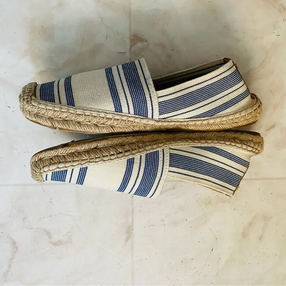 Tory Burch Blue/Cream Stripes Canvas Round Toe Elastic Espadrilles Flats sz 8.5