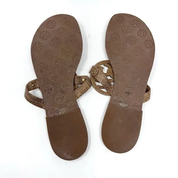 TORY BURCH Brown Tan Leather Reptile Miller Sandals Flip Flops Slides Size 10