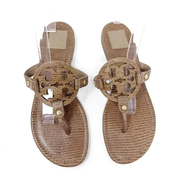 TORY BURCH Brown Tan Leather Reptile Miller Sandals Flip Flops Slides Size 10