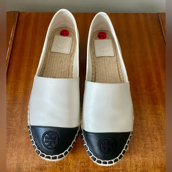 Tory Burch cap toe B/W leather espadrilles w/logo, New w/stickers,Sz 6.5