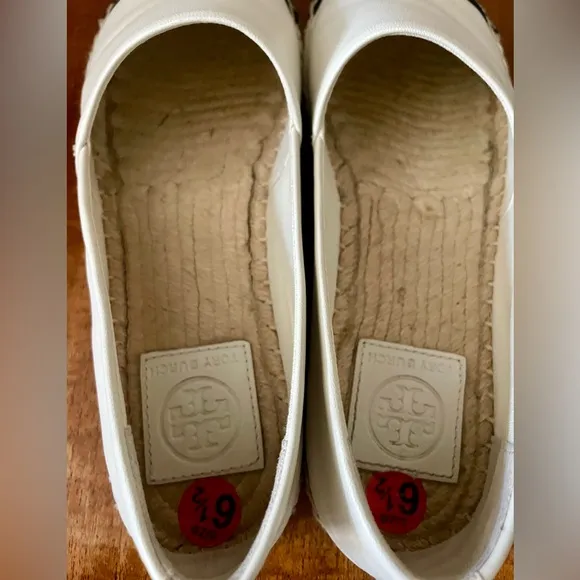 Tory Burch cap toe B/W leather espadrilles w/logo, New w/stickers,Sz 6.5