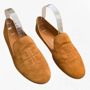 Tory Burch Cognac Brown Suede Ruby Smoking Slippers Leather Loafers Size 8.5