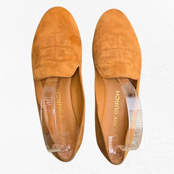 Tory Burch Cognac Brown Suede Ruby Smoking Slippers Leather Loafers Size 8.5