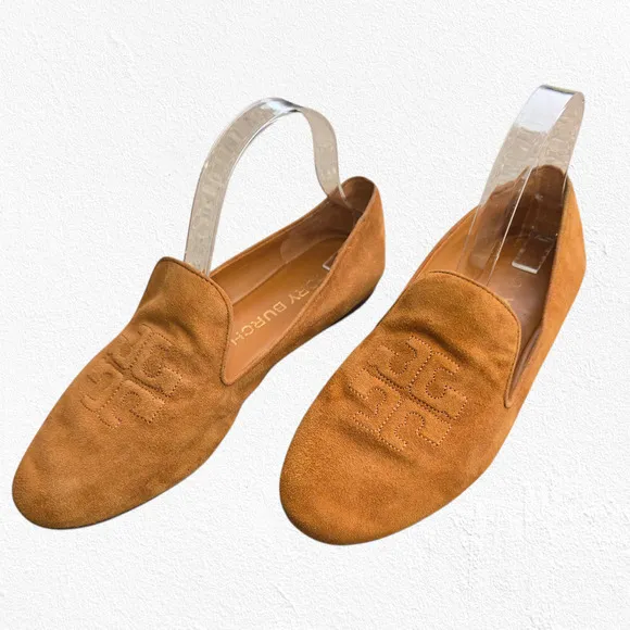 Tory Burch Cognac Brown Suede Ruby Smoking Slippers Leather Loafers Size 8.5