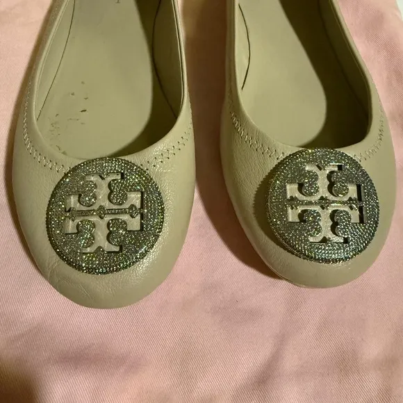 Tory Burch Cream Flats with Medallion Detail