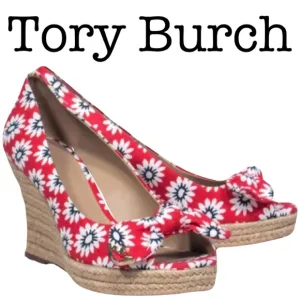 Tory Burch Dory Red Floral Canvas Peep Toe Wedge Espadrilles Size 6