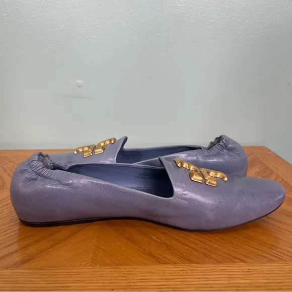 Tory Burch Eleanor Loafer Flats Slip On Leather Pery Winkle Blue Sz 9 Logo